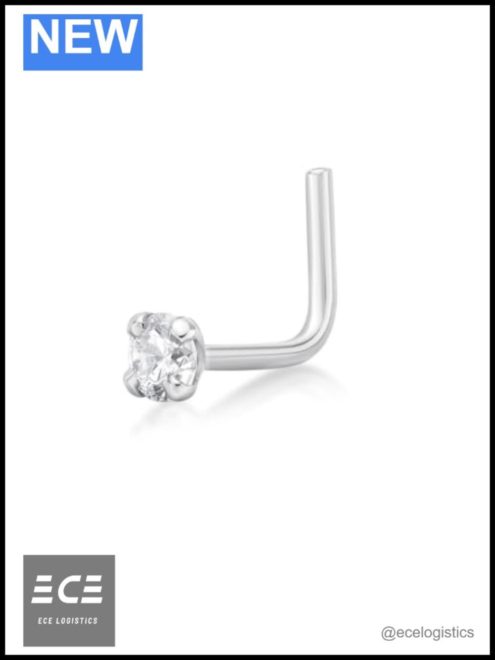 18G Diamond Nose Stud 14k White Gold L-Shaped 0.07 Carat 2.7mm Body Piercing